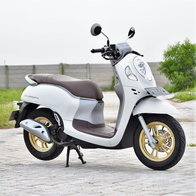 Honda Scoopy scooter in white with a round headlight, side view