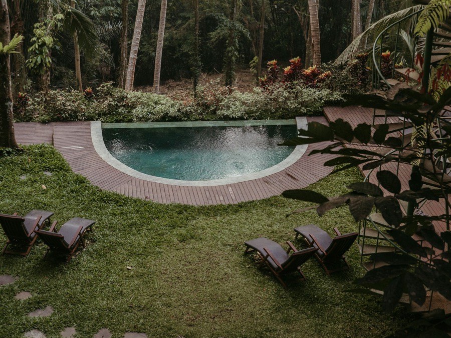 A small curved pool on a wooden deck in a tropical garden in Ubud
